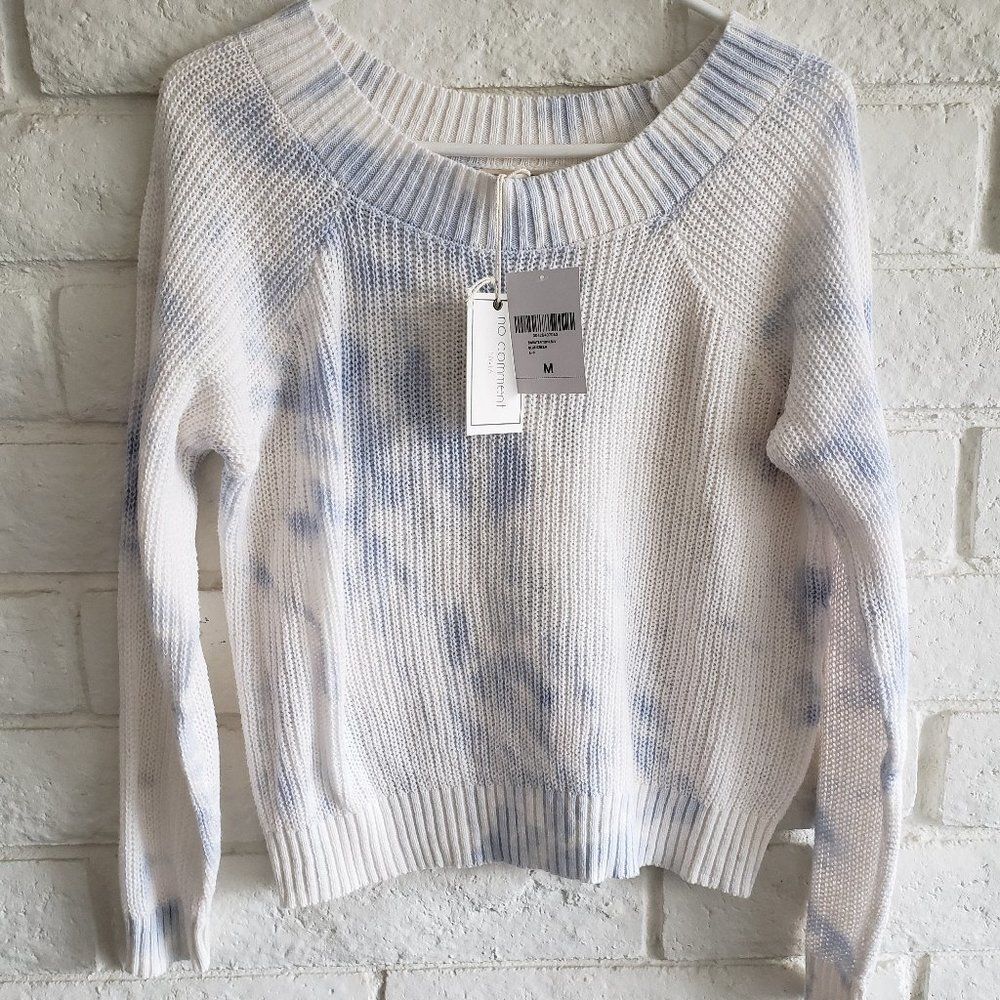 💥$5 BUNDLED💥No Comment TieDye Boatneck White Sweater Blue Cloud Pattern Sz M